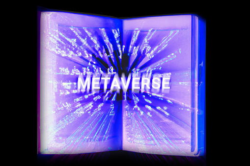 Metaverse image represents artificial intelligence with words flying from the book