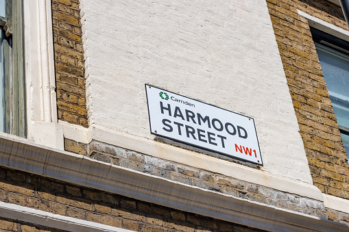 Street name sign on Harmood Street in Borough of Camden, London