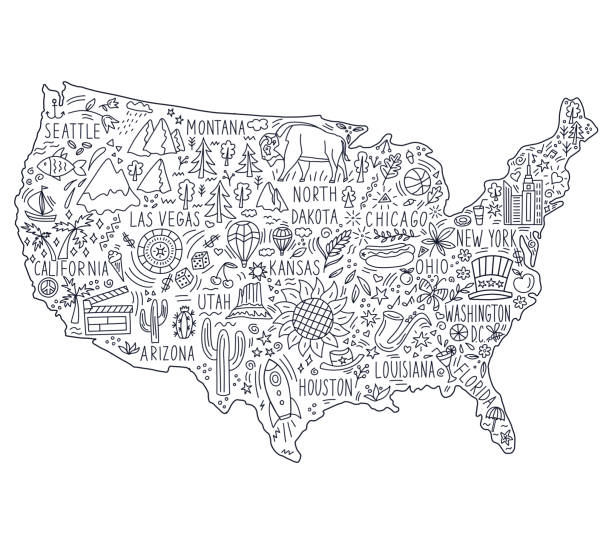 ilustraciones, imágenes clip art, dibujos animados e iconos de stock de mapa dibujado a mano de los estados unidos. concepto de viaje a los estados unidos. ilustración vectorial monocromática. símbolos americanos en el mapa. - map cartography connecticut drawing