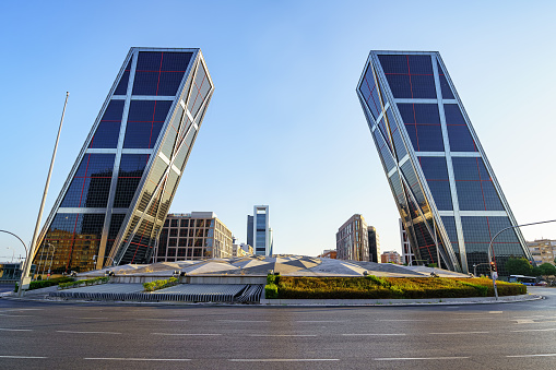 Inclined skyscrapers of business offices in Plaza Castilla in Madrid, gateway to Europe, Spain