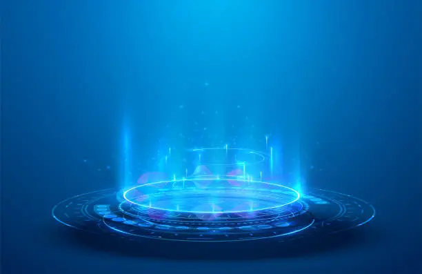 Vector illustration of Blue hologram portal. Magic fantasy portal.  Magic circle teleport podium with hologram effect. Abstract high tech futuristic technology design. Round shape. Circle Sci-fi element light and lights.