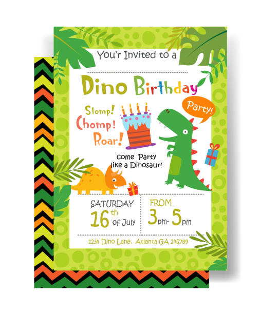 Holiday birthday invitation Holiday birthday invitation with funny cartoon dinosaurs and design elements. Vector illustration dinosaur birthday stock illustrations