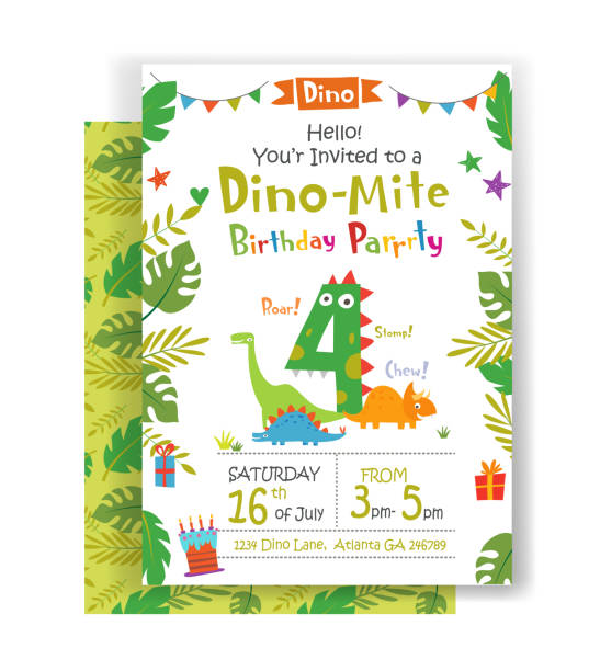 Holiday birthday invitation Holiday birthday invitation to Dino party with funny cartoon dinosaurs and design elements. Vector illustration dinosaur birthday stock illustrations