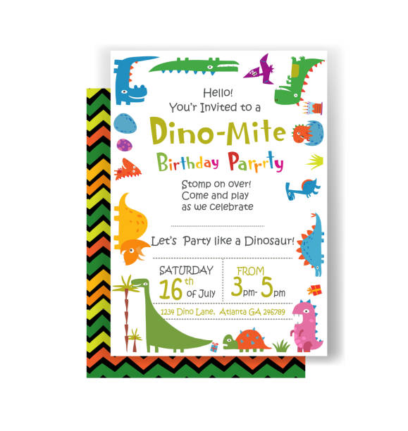 Holiday birthday invitation Holiday birthday invitation with funny cartoon dinosaurs and design elements. Vector illustration dinosaur birthday stock illustrations