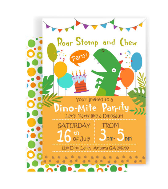 Holiday birthday invitation Holiday birthday invitation with funny cartoon dinosaurs and design elements. Vector illustration dinosaur birthday stock illustrations