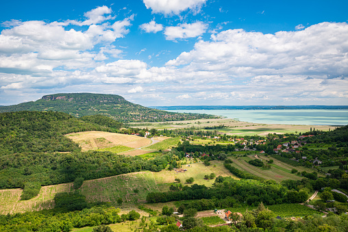 Landscape view from the castle at Szigliget over Badacsony Mountain and Lake Balaton in Hungary.