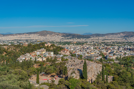 ATHENS, GREECE - MAY 21, 2022: View of Areopagus Hill, Historic site that once served as the high court of appeal for judicial cases