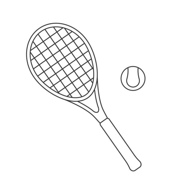 illustrazioni stock, clip art, cartoni animati e icone di tendenza di contorno nero di racchetta da tennis e bal - tennis serving silhouette racket