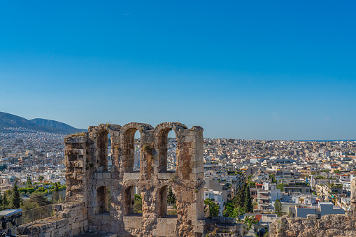 Partial view from the Odeon of Herodes Atticus, also called Herodeion or Herodion, a stone Roman theater located on the Acropolis of Athens, Greece.