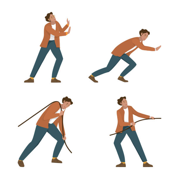 ilustrações, clipart, desenhos animados e ícones de homem puxa e empurra conjunto de poses. um jovem em um terno de diferentes posições puxando uma corda ou empurrando um objeto. - rope pulling