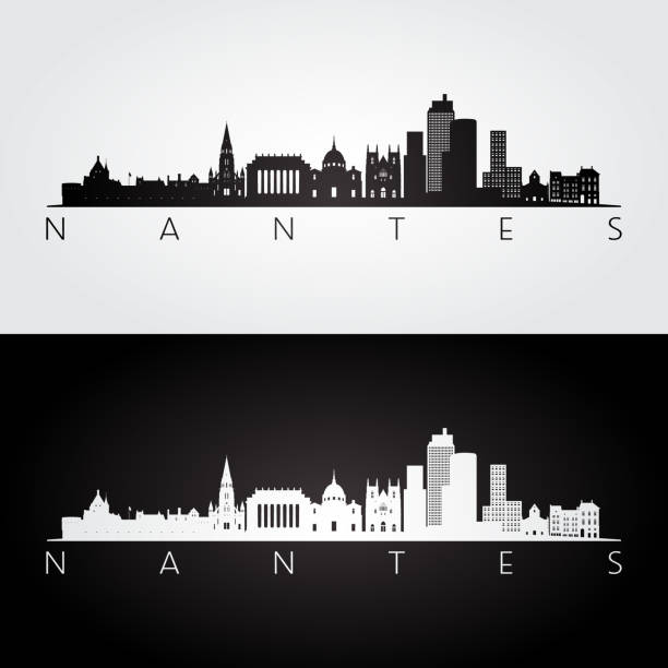nantes skyline and landmarks silhouette, black and white design, vector illustration. - nantes 幅插畫檔、美工圖案、卡通及圖標