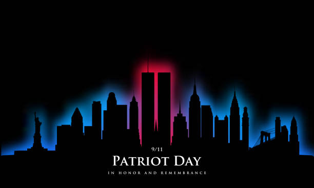 9/11 patriot day usa. schwarze new yorker skyline-silhouette leuchtend rot und blau neon. zu ehren und zum gedenken. stock-vektor-illustration. - twin towers manhattan stock-grafiken, -clipart, -cartoons und -symbole