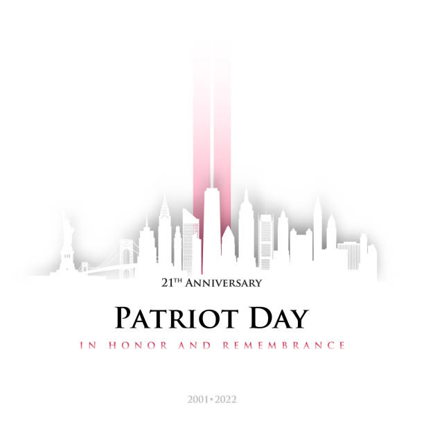 illustrazioni stock, clip art, cartoni animati e icone di tendenza di 911 patriot day, skyline di new york. design di carte di new york in stile origami. 2 strisce rosse a forma di torri gemelle. modello di design per sfondo, banner, biglietto con iscrizione testuale. 21° anniversario 2001-2022. - new york city skyline new york state freedom