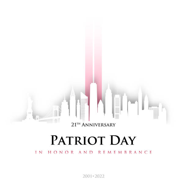 ilustrações de stock, clip art, desenhos animados e ícones de 911 patriot day, new york skyline. nyc card design in origami style. 2 red stripes in form of twin towers. design template for background, banner, card with text inscription. 21 th anniversary 2001-2022. - world trade center september 11 new york city manhattan