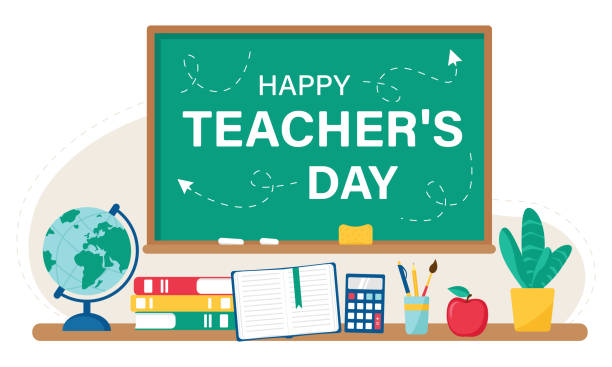 szczęśliwa ilustracja dnia nauczyciela z przyborami szkolnymi. zaprojektuj kartkę z życzeniami, plakat lub stronę internetową. ilustracja wektorowa - dzień nauczyciela stock illustrations