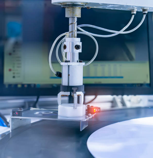 istock Automatic industrial robotic robot working, industry 4.0 and technology concept 1412472910