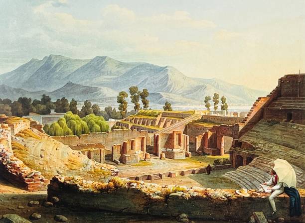 Pompeii, the great theater Illustration from 19th century. roman empire stock illustrations