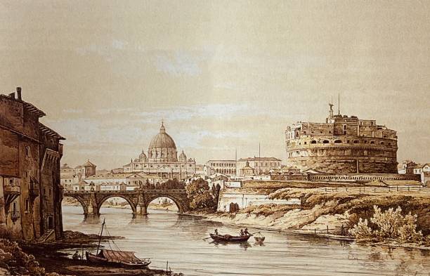 рим, вид через тибр на замок сант-анджело - castel santangelo stock illustrations