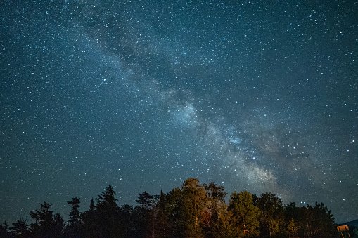 Nighttime view of the Milky Way against the backdrop of trees in the Adirondack Mountains
