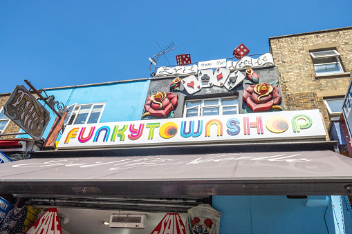 Funkytownshop Clothing Store on Camden High Street at Camden Town, London, with elaborate decorations on the side.