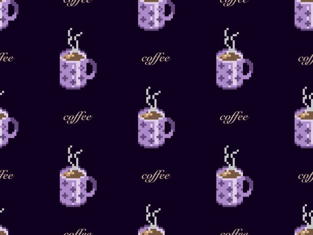 stockillustraties, clipart, cartoons en iconen met coffee  seamless pattern on purple background. pixel style - hot chocolate purple