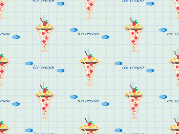 мороженое бесшовный узор на синем фоне. пиксельный стиль - vector frozen pixelated multi colored stock illustrations