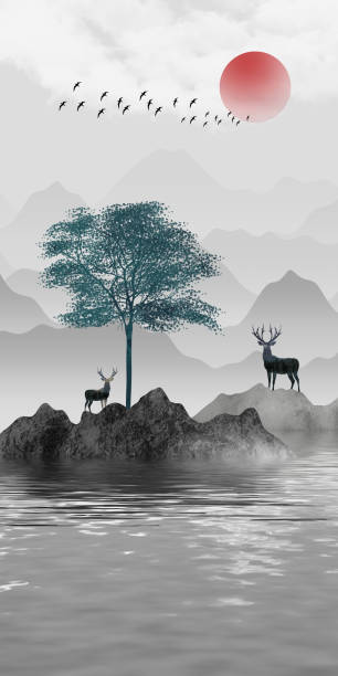 istock 3d frames for home wall decoration. tress with clouds, birds,  moon, and mountains in a light landscape gray background 1412479473