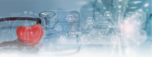 istock Double exposure-stethoscope on table and red heart,medical service network connection,online marketing business medical,digital modern healthcare,insurance,medical examination analysis medicine report 1412480298
