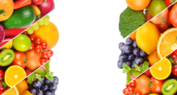 istock Different useful fruits and vegetables isolated on white . Collage. Free space for text. 1412480791