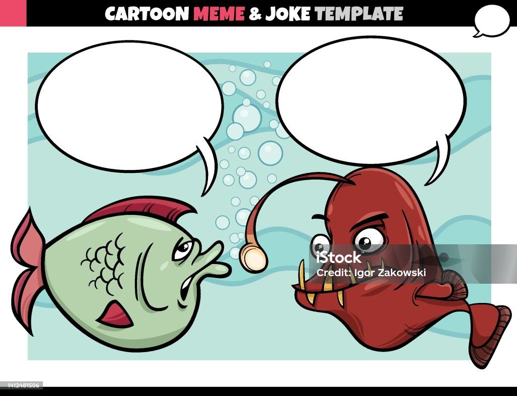 Boing Fish Cartoon Meme Template With Speech Bubble And Comic Fish Stok Vektör ...