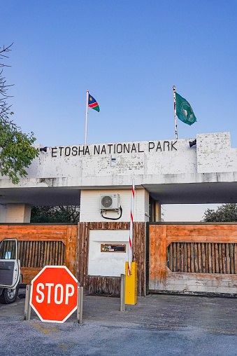 A safari jeep and air conditioning unit outside Von Lindequist Gate at Namutoni in Etosha National Park in Kunene Region, Namibia