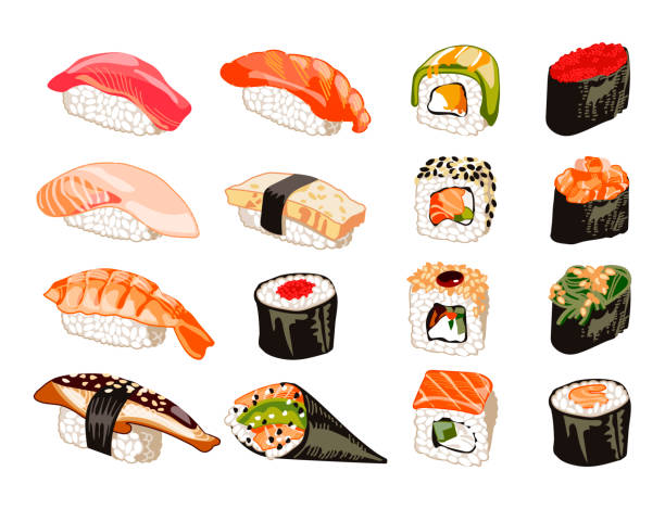 illustrations, cliparts, dessins animés et icônes de une grande assiette avec des sushis et des rouleaux. - illustrations de sushi