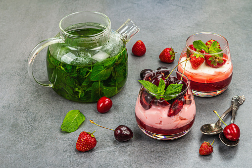 Delicious Italian dessert panna cotta with sweet cherry sauce, and strawberry jam. Mint leaves tea and fresh berries. Stone concrete background, close up