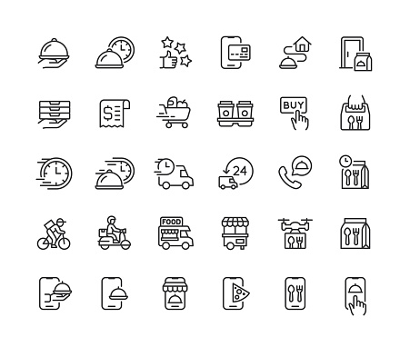 Set of food delivery line vector icons. Editable stroke.