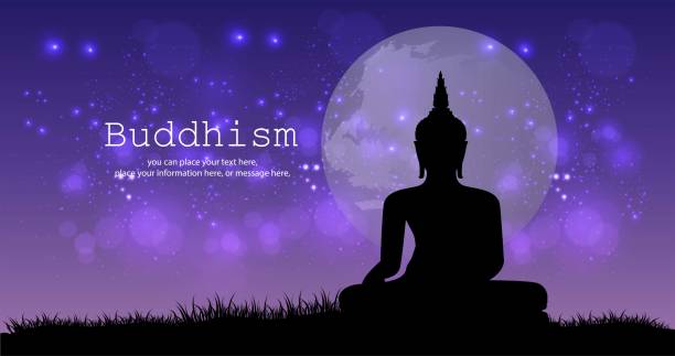 istock Buddha shadow sitting Vesak lord buddha in meditation at beautiful purple moonlight Coming from a back vector illustration background - Magha Puja, Asanha Puja, Vesak Puja Day, Thailand culture 1412483110