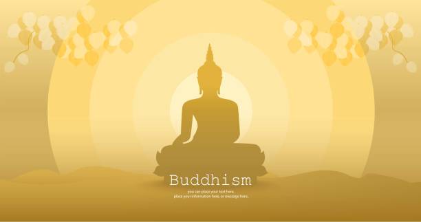 illustrazioni stock, clip art, cartoni animati e icone di tendenza di ombra di buddha seduta su un oro giallo con foglie di bodhi illustrazione vettoriale sfondo - magha puja, asanha puja, vesak puja day, cultura thailandia - budda