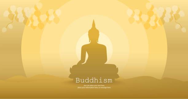 тень будды сидит на желтом золоте с листьями бодхи векторной иллюстрацией фона - магха пуджа, асанха пуджа, день весак пуджа, культура таила� - buddha stock illustrations