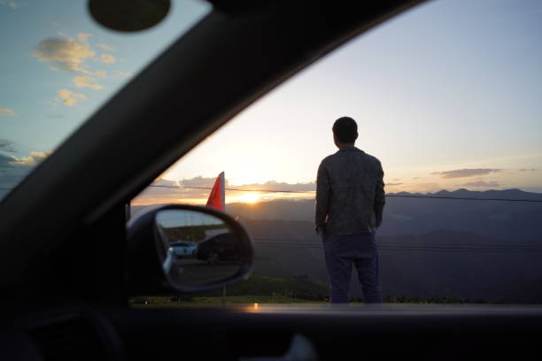 Travel, road trip and vintage with car at beach for adventure, transportation and summer vacation. Holiday destination,  mockup space and profile of motor vehicle in nature for journey and explore