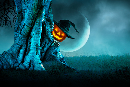 An illuminated jack o'lantern peeks out from behind a gnarled tree in front of a rising moon on Halloween night.