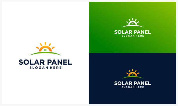 집 개념, 태양 에너지 로고 템플리트를 가진 태양 전지판 로고 - solar power station solar panel sun house stock illustrations