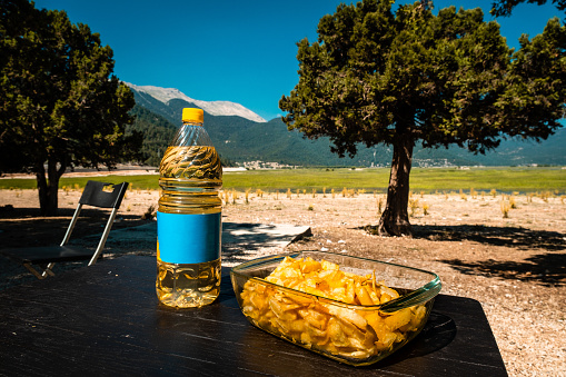 Wooded mountain region lakeshore.A bottle of sunflower oil next to french fries in a glass plate on the table
