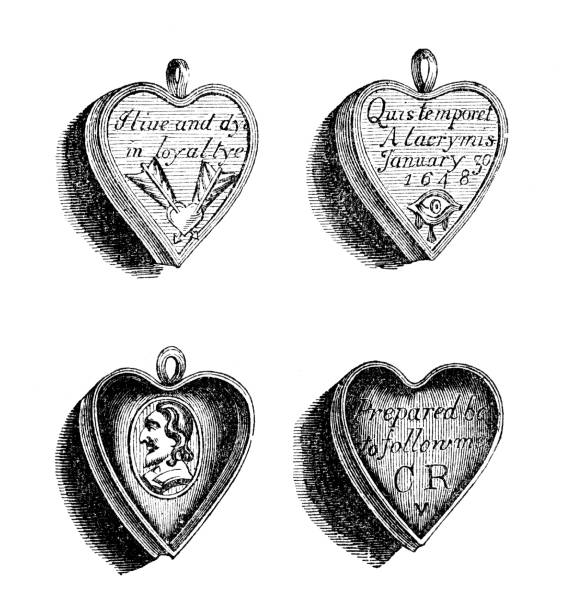Mourning Lockets, 17th Century British History Mourning lockets worn by loyalists of deceased kings. Illustration published in 1863. Original edition is from my own archives. Copyright has expired and is in Public Domain. locket stock illustrations