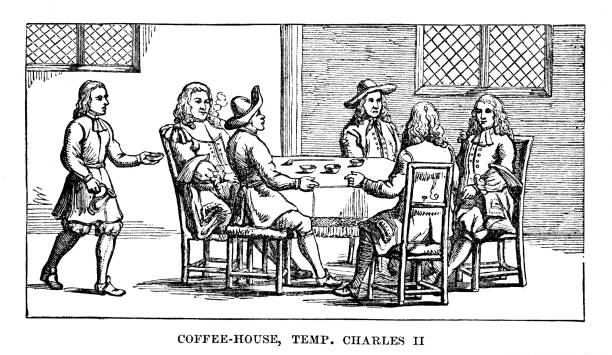 ilustraciones, imágenes clip art, dibujos animados e iconos de stock de cafeterías en inglaterra del siglo 17 - confidential palabra en inglés ilustraciones