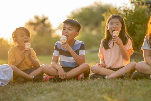 A small group of school aged children sit together in the grass as they each enjoy an ice cream cone.  They are dressed casually and smiling as they enjoy the hot summers evening.