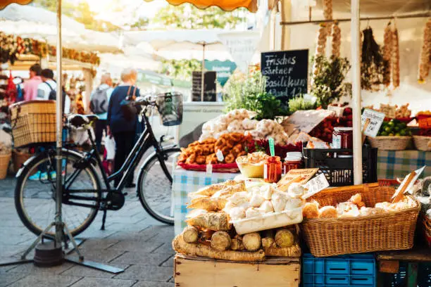 Vegetable and local products for sale at Viktualienmarkt in Munich, Germany