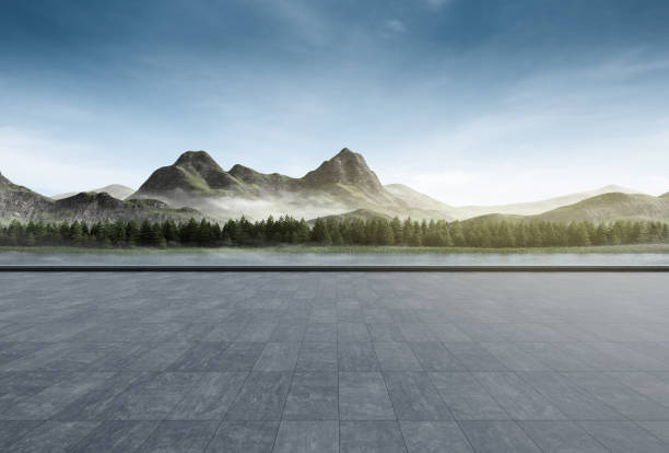 Empty concrete floor with mountain and blue sky lake view.