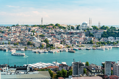 Aerial view of the Golden Horn in Istanbul, Turkey. Amazing city view from the Galata Tower. Istanbul is a popular tourist destination in the world.