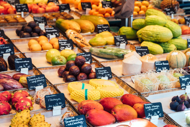 Fresh fruits on sale at the Viktualienmarkt in Munich, Germany