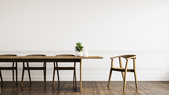 White wall and Wood modern chairs in dining room interior - 3D rendering