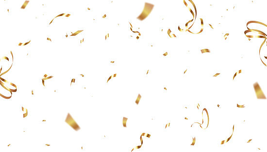 Confetti on a transparent background. Falling shiny golden confetti. Bright golden festive tinsel. Holiday design elements collection 2023 for web banner, poster, flyer, invitation. Vector